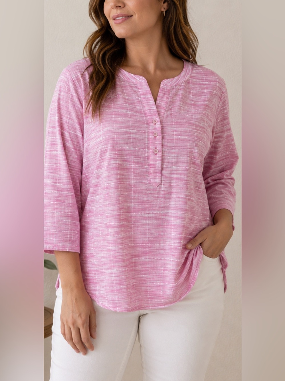 Talbots Pink Tunic Top Women Large Cotton 3/4 Sleeve Casual